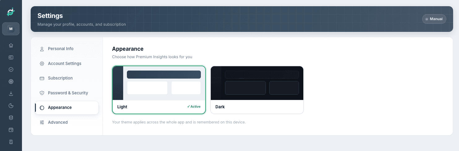 Settings → Appearance with two theme cards, Light and Dark, each showing a miniature preview of the app; Light is marked active
